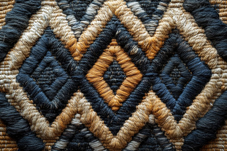 Home design. Handwoven rug texture with geometric print on a white background. Top view.の素材