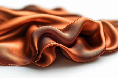 Flowing silk scarf Mocha Mousse color with soft folds on white surface. Elegant aesthetic. High-fashion product pages.の素材