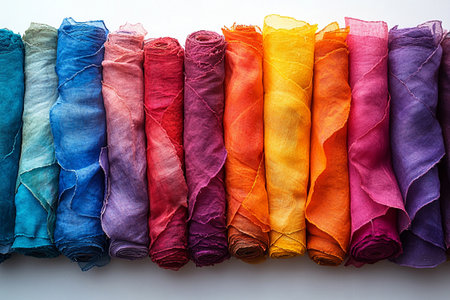 Rolls of Fabric. Scraps arranged in a rainbow gradient. White background. Flat lay. Handcraft vibe.の素材