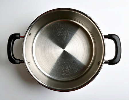 Frying pan on white background. Cooking concept. Top view. Food industry.の素材