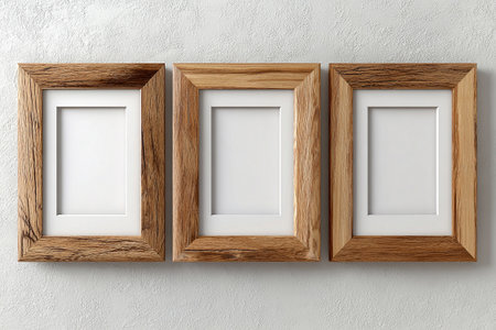 Mock up for modern interior and branding. Empty wooden photo frame for a collage of three photos in a minimalist style on a white background. Stylish photo frame. Office scene.の素材