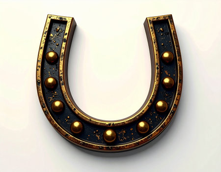 Metal horse shoe on white background. Horse is symbol of 2026. Symbol of lucky. Amulet of happiness.の素材