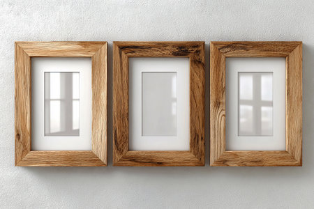 Mock up for modern interior and branding. Empty wooden photo frame for a collage of three photos in a minimalist style on a white background. Stylish photo frame. Place for text.の素材