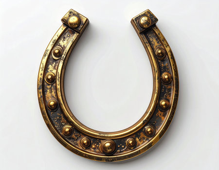 Metal horse shoe on white background. Horse is symbol of 2026. Symbol of lucky. Amulet of fortune.の素材