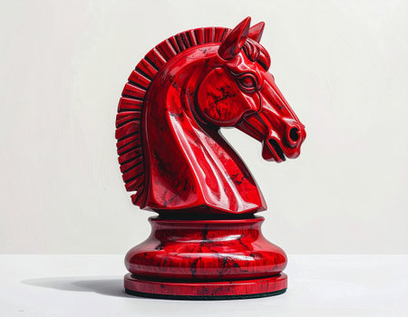 Red chess horse on white background. Wooden symbol. Symbol of New Year. Happy new years. Social media.の素材