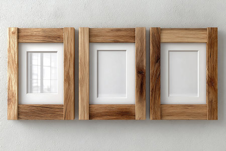Mock up for modern interior and branding. Empty wooden photo frame for a collage of three photos in a minimalist style on a white background. Stylish photo frame. Minimalist lifestyle.の素材