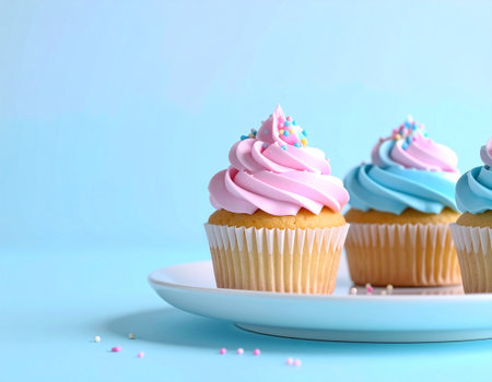 Various cupcakesÂ in pastel colorsÂ on dessert stand with soft lighting. Yummy dessert.の素材