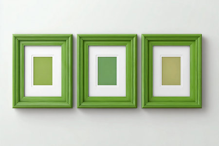 Mock up for modern interior and branding. Empty green photo frame for a collage of three photos in a minimalist style on a white background. Green stylish photo frame. Cozy decor.の素材
