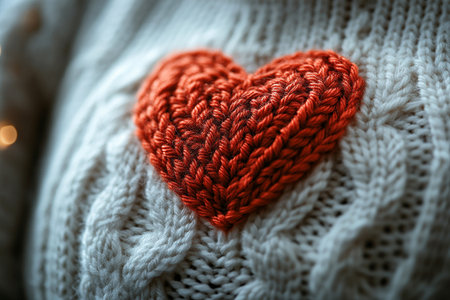 Red heart pattern is crochet on a modern sweater. Creative hobby. Valentines Day concept. Minimalist Craft.の素材