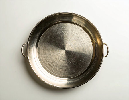 Frying pan on white background. Cooking concept. Top view. Food presentation.の素材
