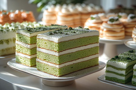 Japanese matcha mille crepe cakeÂ with blossoms. Asian cuisine content. Cultural and global dessert. Instagram blogs.の素材