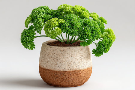 Parsley plant with curly leaves in pot on a white background. Herb bush in pot.の素材