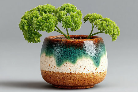 Parsley plant with curly leaves in pot on a white background. Ceramic vase in village style.の素材