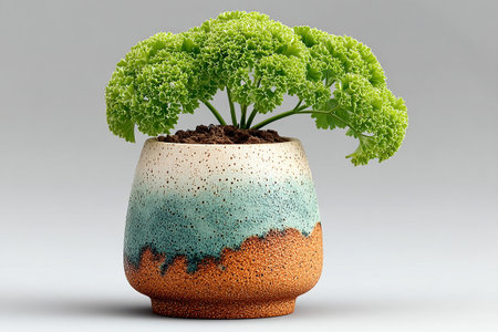 Parsley plant with curly leaves in pot on a white background. Vegan condiment.の素材