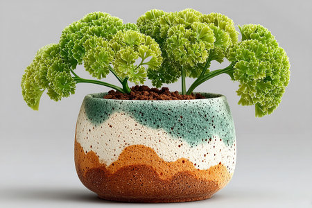 Parsley plant with curly leaves in pot on a white background. Plant with green leaves.の素材