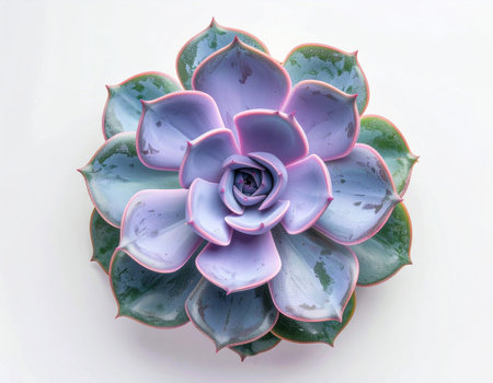 Succulent plant with purple leaves in pot on white background. Top view. Plant care guides.の素材