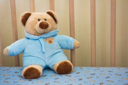 Cute Teddy Bear Stuffed Animal in a Baby Cribの写真素材