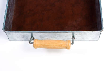 Galvanized Tin Box with Wooden Handles Isolated on White Handle Close Upの写真素材