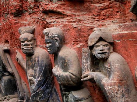 Ancient Rock Carvings of Chinese officials, Dazu, Chongqing, Sichuan, China          の写真素材