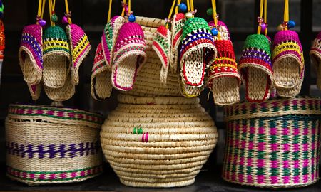 Colorful Straw baskets, shoes and other handicraft items, Chengdu, Sichuan, Chinaの写真素材