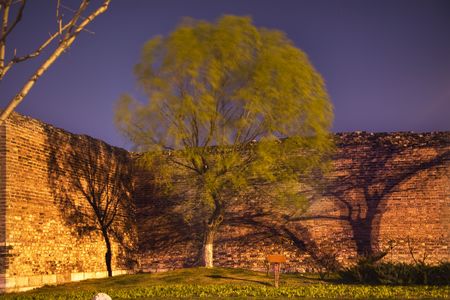 Night Shot City Wall Park Beijing, China with green willow and shadows  This is the city wall park with the original wall that surrounded the old city of Beijing.の写真素材