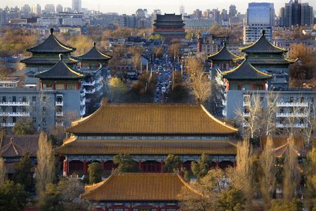 Jinshang Park Looking North at Drum Tower, Beijing, China, Trademarks removed.\r\r\r\rの写真素材