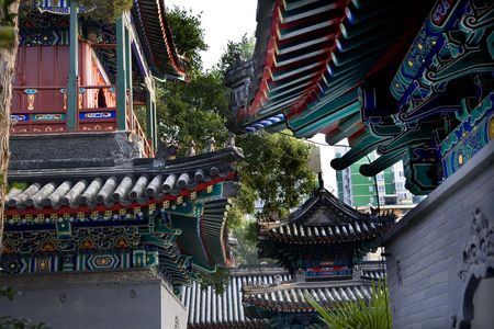 Chinese Style Buildings Cow Street Niu Jie Mosque Beijing China  For the Hui Minority  Famous Moslem Mosque in China

Resubmit--In response to comments from reviewer have further processed image to reduce noise, sharpen focus and adjust lighting.
の写真素材