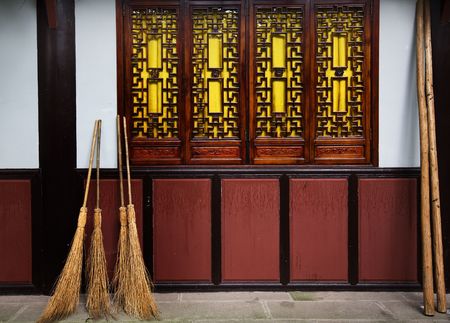 Straw Brooms Windows Wall Baoguang Si Shining Treasure Buddhist Temple Chengdu Sichuan China Front of Temple の写真素材