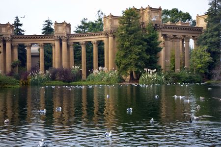 Grecian Columns Seagulls Water Reflections Palace of Fine Arts Museum San Francisco California  Created in 1915 for Pan Pacific Exhibition. の写真素材