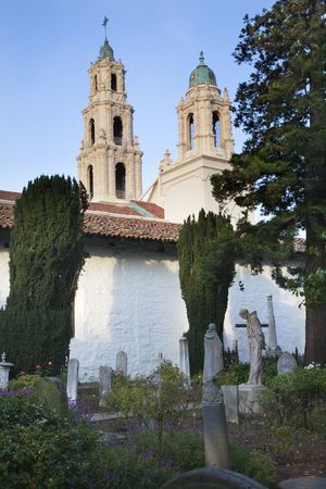 Cemetery Garden Statues Mission Dolores Steeples Ornate Carvings San Francisco Californiaの写真素材