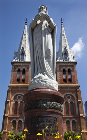 Notre Dame Cathedral, Nha Tho Duc Ba, build in 1883 largest cathedral in French Embpire Virgin Mary Statue Added in 1959 Saigon Ho Chi Minh City Vietnamの写真素材