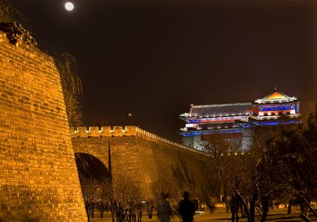 Walking in the City Wall Park Night with Moon Southeast Corner Watchtower Dongguan Men Beijing China  の写真素材
