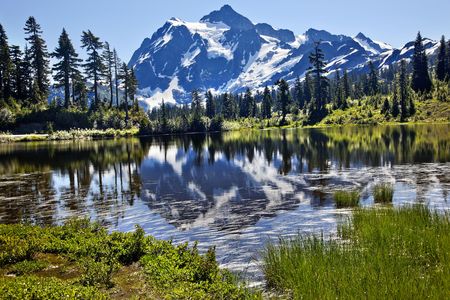 Reflection Lake Mount Shuksan Mount Baker Highway Snow Mountain Grass Trees Washington State Pacific Northwestの写真素材