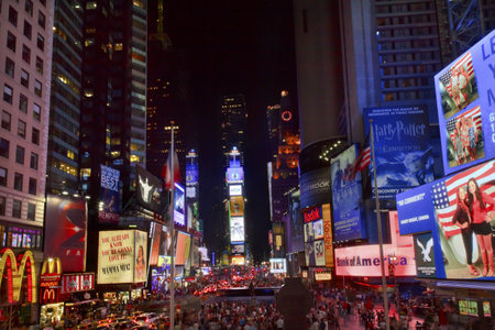 EDITORIAL Times Square Lightshow, Advertising, Plays, People Cars Crowds New York City Skyline Nightのeditorial素材