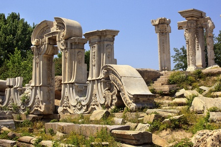 Ancient Gate Ruins Pillars Old Summer Palace Yuanming Yuan Beijing China  Old Summer Palace was destroyed by British and French Army in 1860 Second Opium War Dashuifa built in 1759 by Emperor Qianlongの写真素材