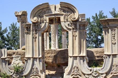 Ancient Gate Ruins Pillars Old Summer Palace Yuanming Yuan Beijing China  Old Summer Palace was destroyed by British and French Army in 1860 Second Opium War Dashuifa built in 1759 by Emperor Qianlongの写真素材