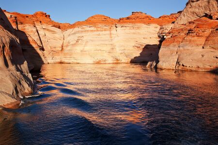 Orange Pink Canyon Blue Orange Water Reflection Glen Canyon Recreation Area Lake Powell Antelope Canyon Arizonaの写真素材