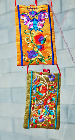 Chinese Colorful Souvenir Silk Pockets Beijing, Chinaのeditorial素材