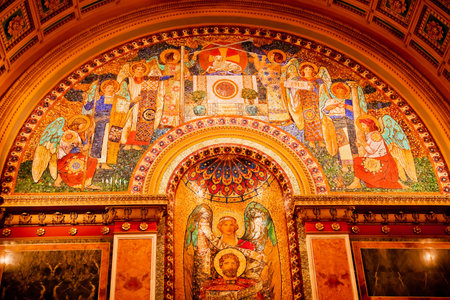 Mosaic Saint Matthew Cathedral Washington DC Basilica, Cathedral, Church.  Church where funeral for President Kennedy took  place.  Saint Matthew mosaic above the altar.  Church finished in early 1900s.のeditorial素材