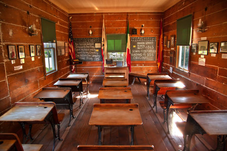 Old Mason Street Elementary School, Wooden Desks, Old San Diego, California One of the first elementary schools in California  Built 1865 and is 146 years old のeditorial素材