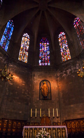 Stained Windows, Mary Statue, Altar and Crucifix in Old Stone Basilica, St Maria del Pi, Saint Mary...