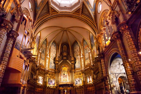 Basilica Inside Monestir Monastery of Montserrat, Barcelona, Catolonia, Spain.  Founded in the 9th...