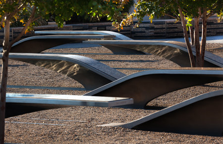 911 Memorial to Victims of Pentagon Attack in Arlington Virginia in the Washington DC Metropolitan area   Markers have the name of each victim in the 911 attack on the Pentagon   Victims were civilian government workers and military  のeditorial素材