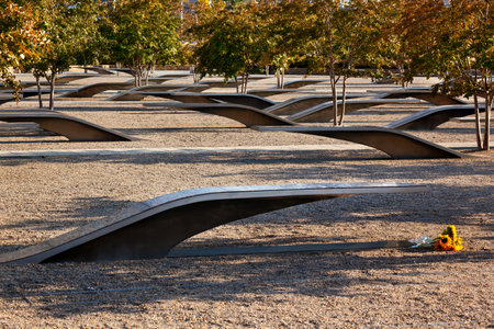 911 Memorial to Victims of Pentagon Attack in Arlington Virginia in the Washington DC Metropolitan area   Markers have the name of each victim in the 911 attack on the Pentagon   Victims were civilian government workers and military  のeditorial素材
