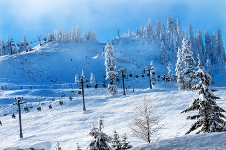 Sking Chairlifts and Ski Class on Snow Mountain at Snoqualme Pass Washington.