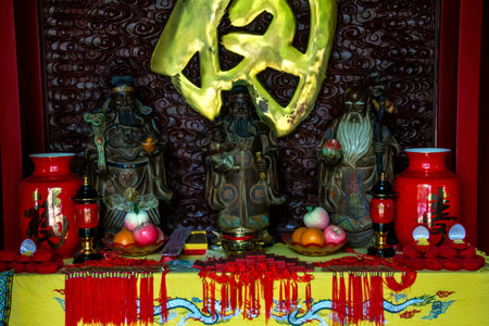 Old Taoist Street Altar and Shrine with Chinese Gods, including Guan Yu Houhai  Beijing, Chinaのeditorial素材