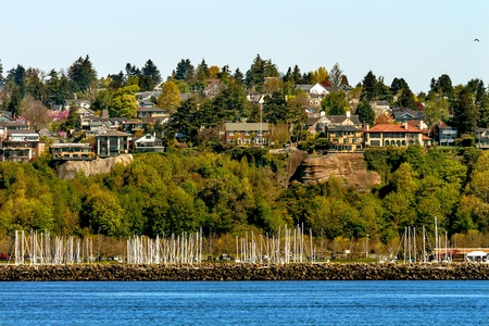 Sailboat Yachts Marina Cliff Buildings Waterfront Seattle Washingtonの写真素材