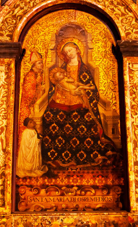 16th Century Madonna Christ Painting Seville Cathedral, Cathedral of Saint Mary of the See, Seville, Andalusia Spain   Built in the 1500s   Largest Gothic Cathedral in the World and Third Largest Church in the World   Burial Place of Christopher Columbus のeditorial素材