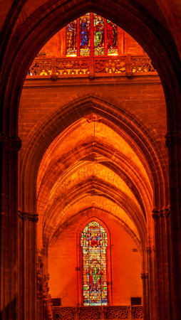 Arch King Ferdinand Stained Glass Seville Cathedral, Cathedral of Saint Mary of the See, Seville, Andalusia Spain   Built in the 1500s   Largest Gothic Cathedral in the World and Third Largest Church in the World   Burial Place of Christopher Columbus のeditorial素材