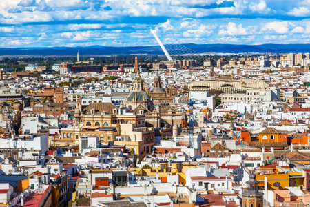 Cityscape, City View, Bridge Churches Metrpol Parasol from Giralda Spire, Bell Tower, Seville Cathedral, Andalusia Spain  River Guadalquivir,の写真素材